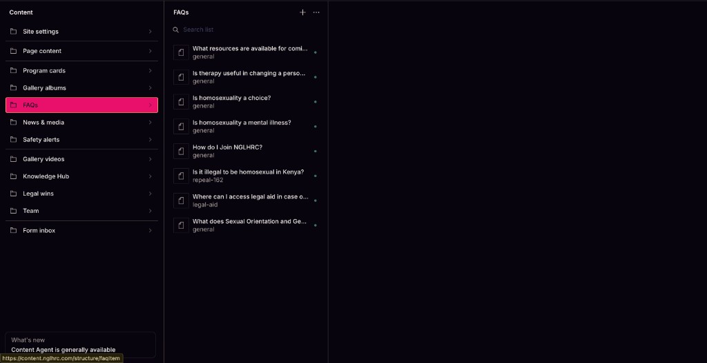 Sanity Studio three-column layout with FAQs list