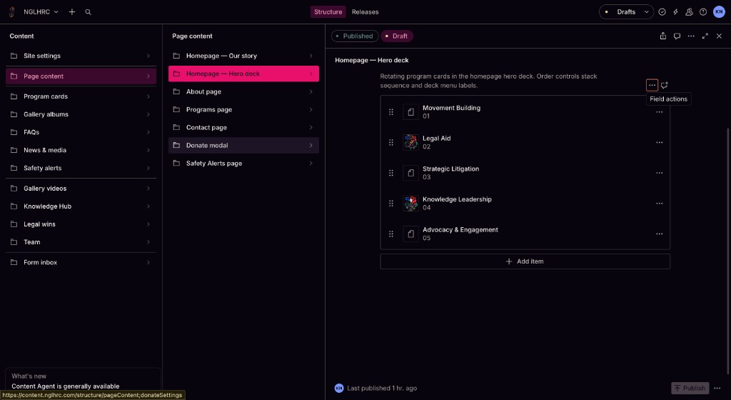 NGLHRC Sanity Studio showing Page content and Homepage Hero deck editor